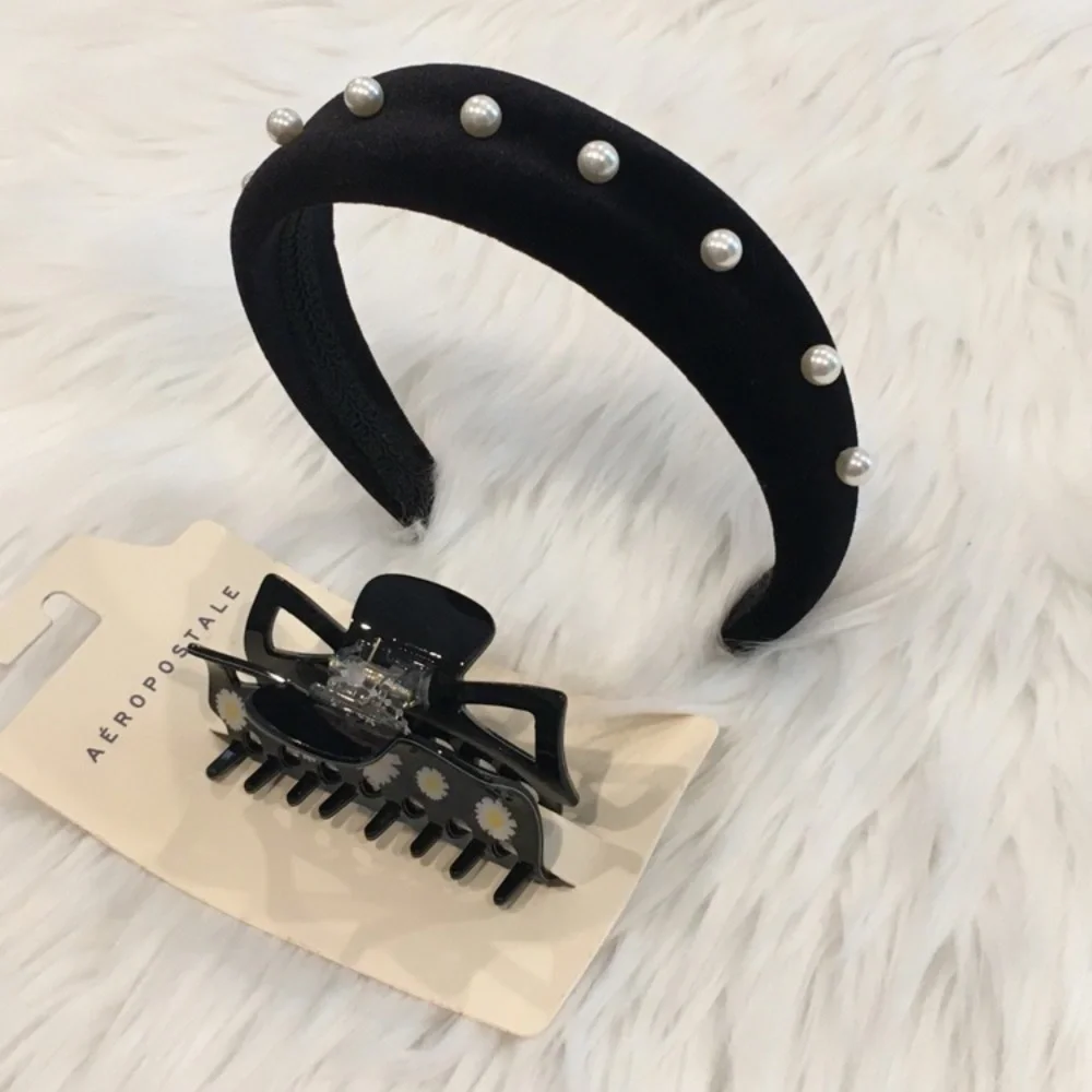 Velvet Head Band w/ Faux Pearls & Clip Set